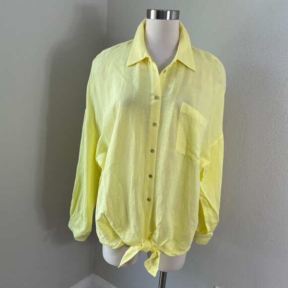 NEW L'Agence Large Talitha Tie Blouse Yellow Button Up Shirt Linen Blend Top - Picture 2 of 12